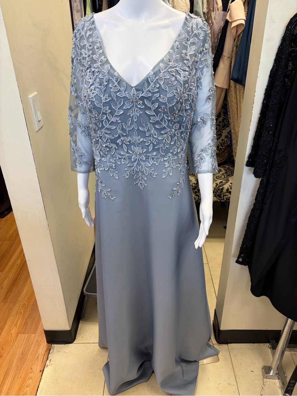 Embroidered V-Neck Evening Gown in Dusty Blue with sleeve size 20 MV1174 a-line